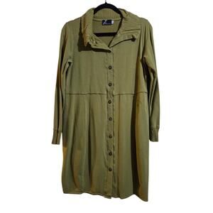 FENINI Green Knit Tunic Size S Oversized Button Front Lagenlook Art Top Pockets